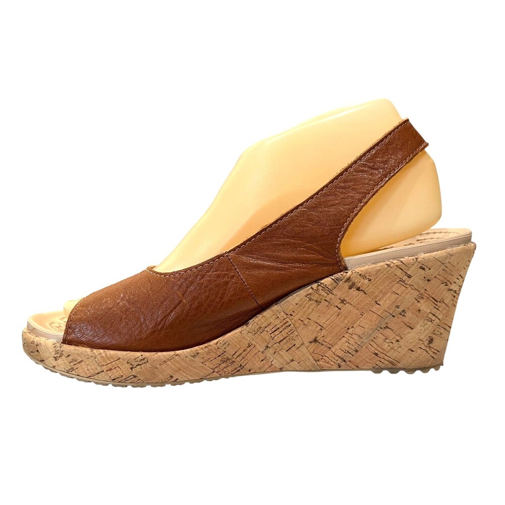 Crocs A-LEIGH Brown Leather Slingback Cork Platform Wedge Pump Sandal  Size 8 - Picture 6 of 9